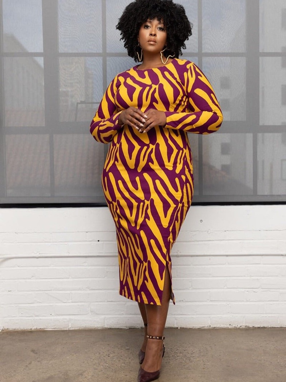 Plus-Size Purple and Yellow Zebra-Print Midi Dress